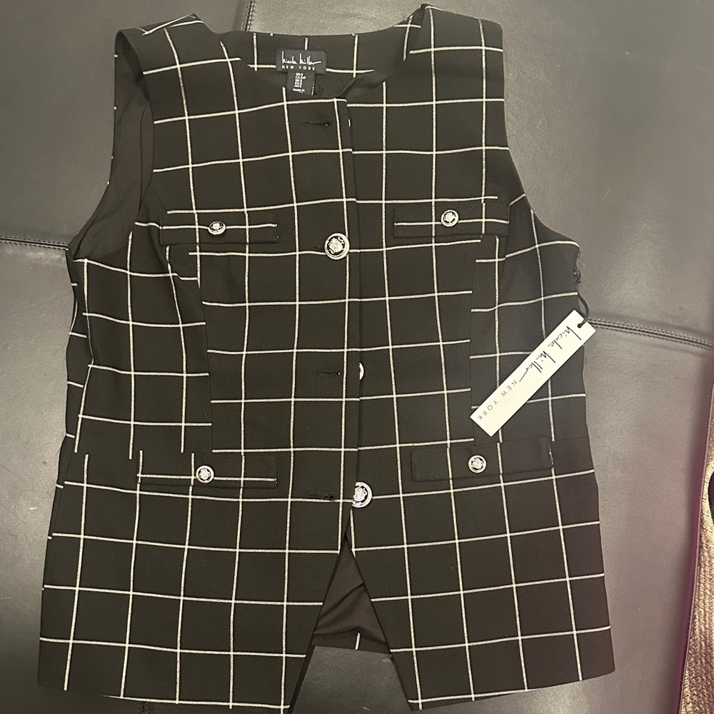 Nicole Miller Black Grid Print Sleeveless Vest